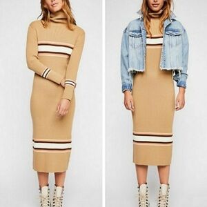 Free People Sport Stripe Midi Turtleneck Sweaterdress Camel Combo Sz Small NWOT